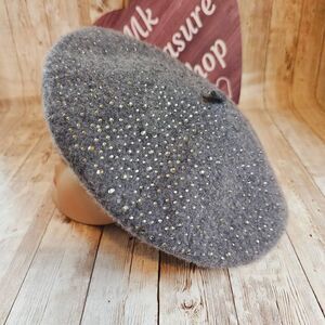 Women's rhinestone gray wool beret hat